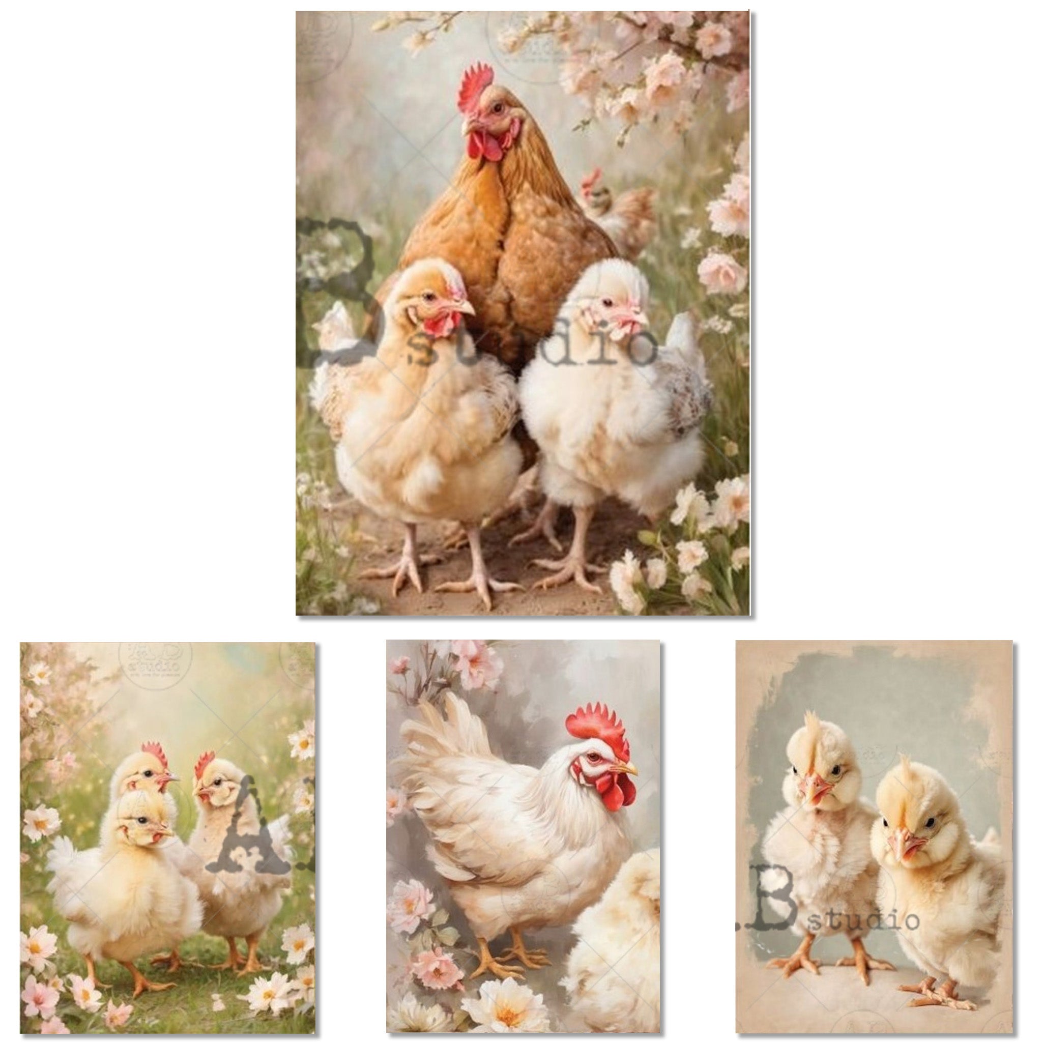 Close-up of rice papers against a white background featuring 4 charming images of hens and chicks nestled in blossoming pink and white flowers.