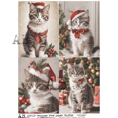 Collage of a cats wearing a Santa hat and red bow tie in various Christmas-themed settings.