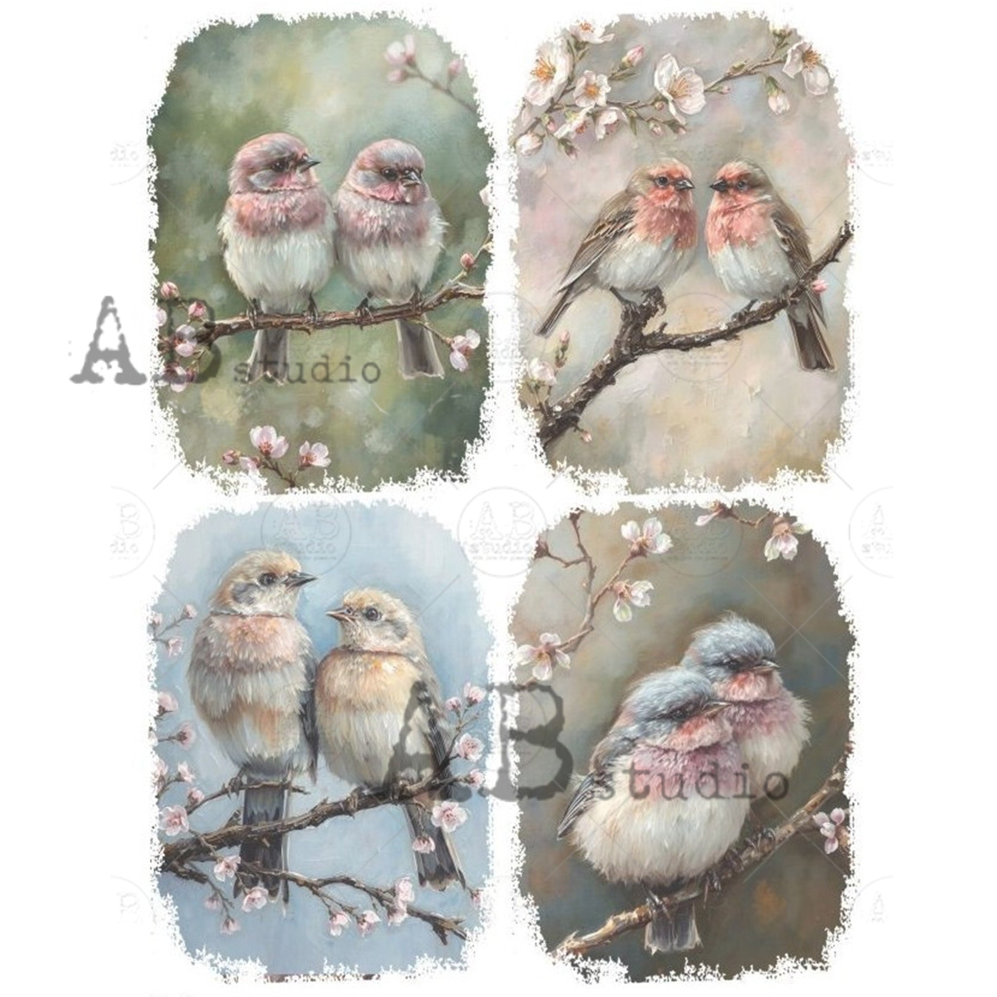 Rice paper against a white background featuring four portraits of small bird pairs among flowering branches in soft pastel tones.