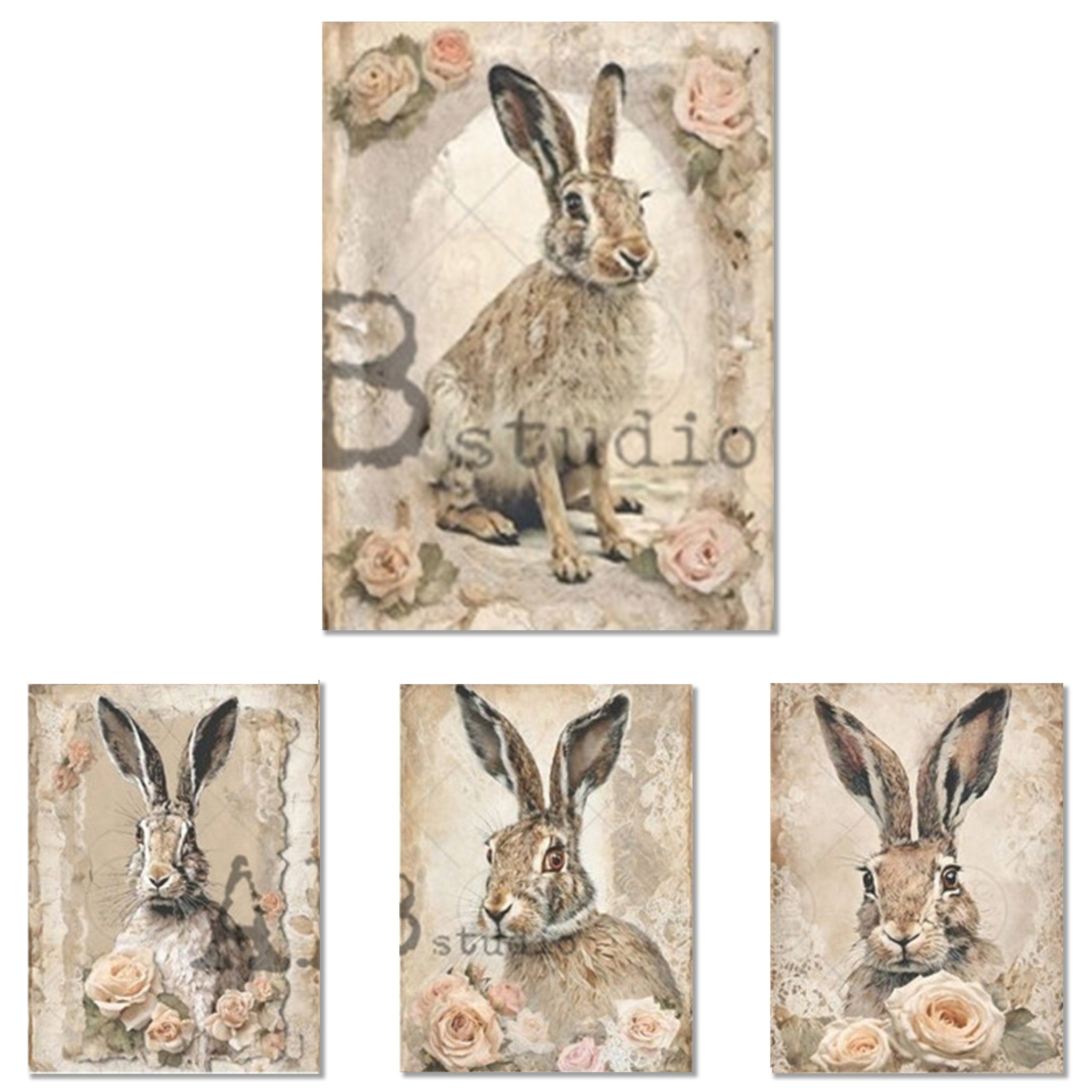 A4 rice paper features 4 portraits of light brown rabbits against beige backgrounds with soft pink roses. White borders are on the sides.