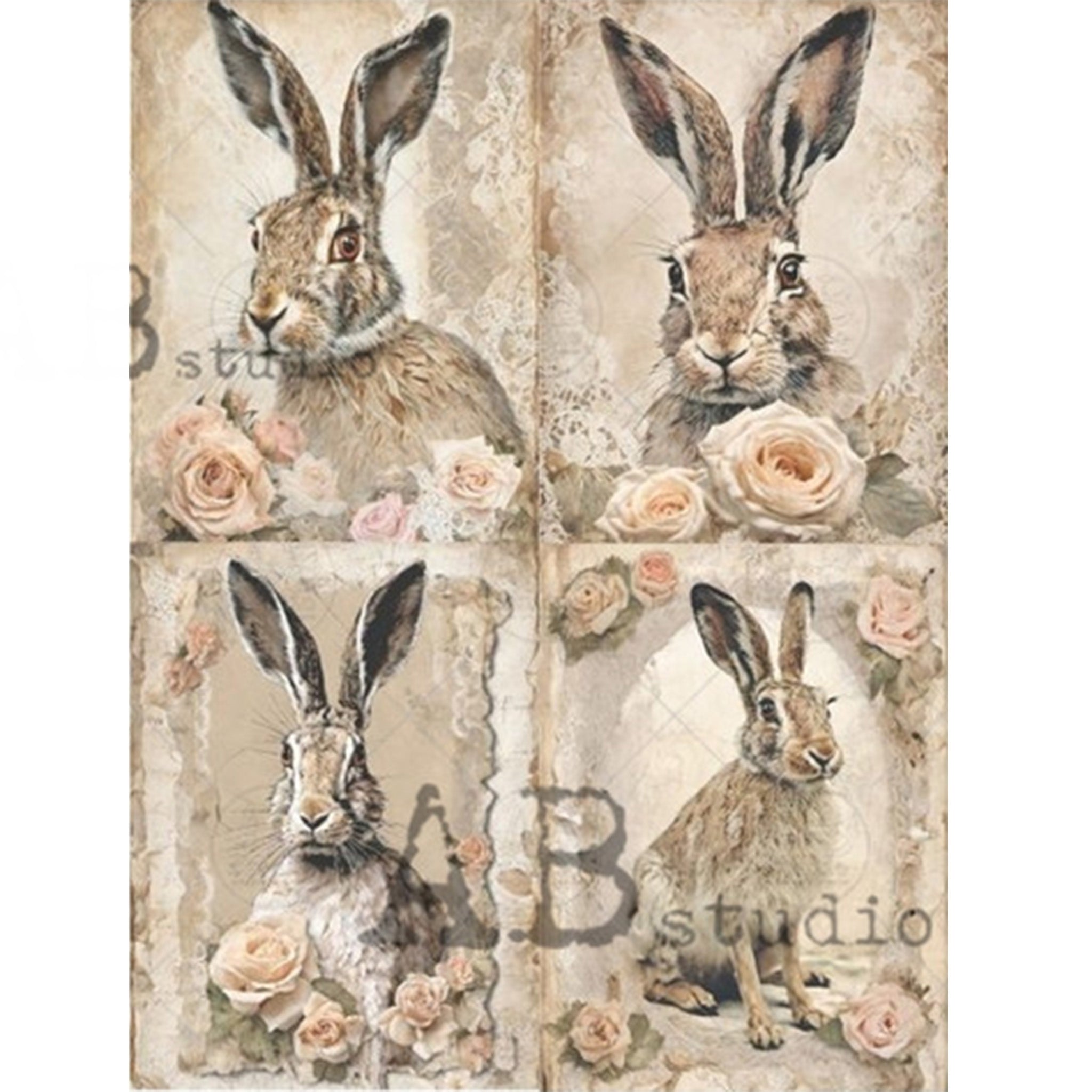 A4 rice paper features 4 portraits of light brown rabbits against beige backgrounds with soft pink roses. White borders are on the sides.