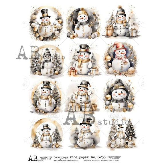 AB Studio - Golden Snowman Collection Decoupage Paper (A4 Size, Set of 12 Designs)