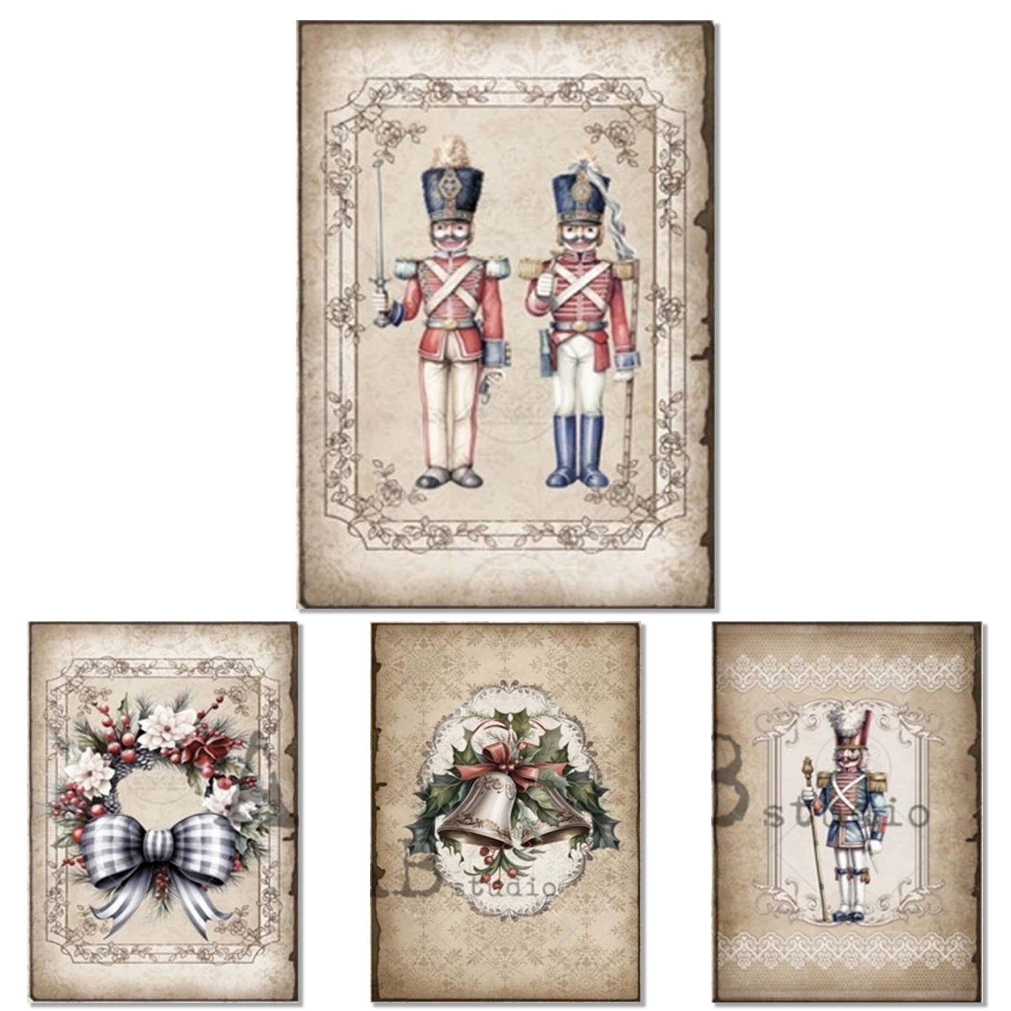 A4 rice paper featuring four charming designs of nutcrackers, holiday bells, and a wreath with a big silver bow are against a white background.