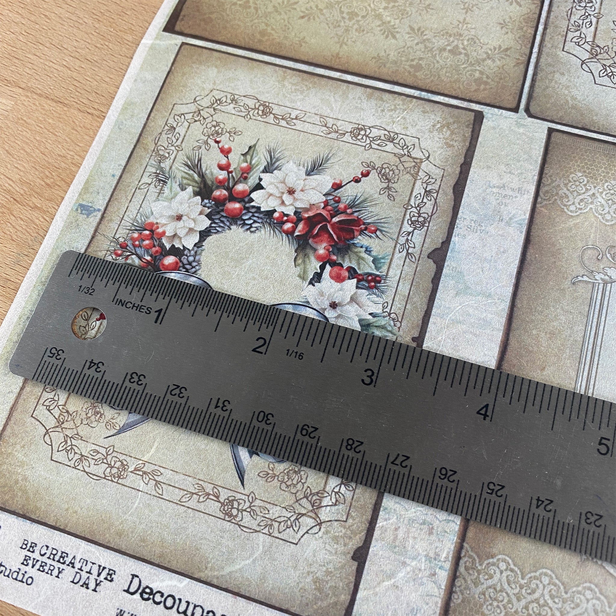 Ruler on decorative paper with floral design and text