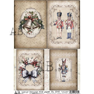 A4 rice paper that feature 4 cards of Nutcrackers, silver bells, and a wreath with a large bow all against vintage parchment. White borders are on the sides.