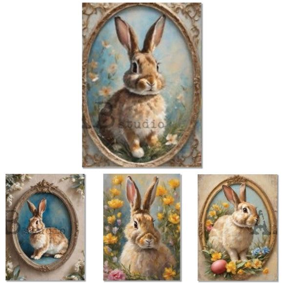 Rice paper against a white background features 4 charming images of rabbits, framed with flowers and Easter eggs.