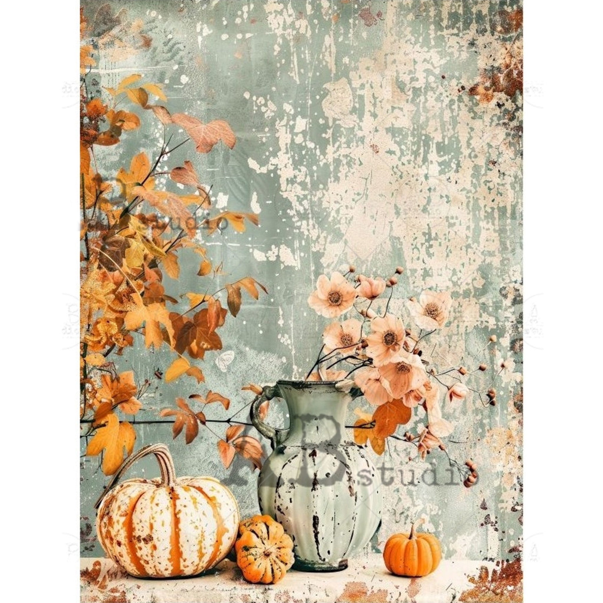 Rice paper design featuring pumpkins, Autumn leaves, and pastel orange flowers in a milk vase against a distressed pale blue background. White borders are on the sides.