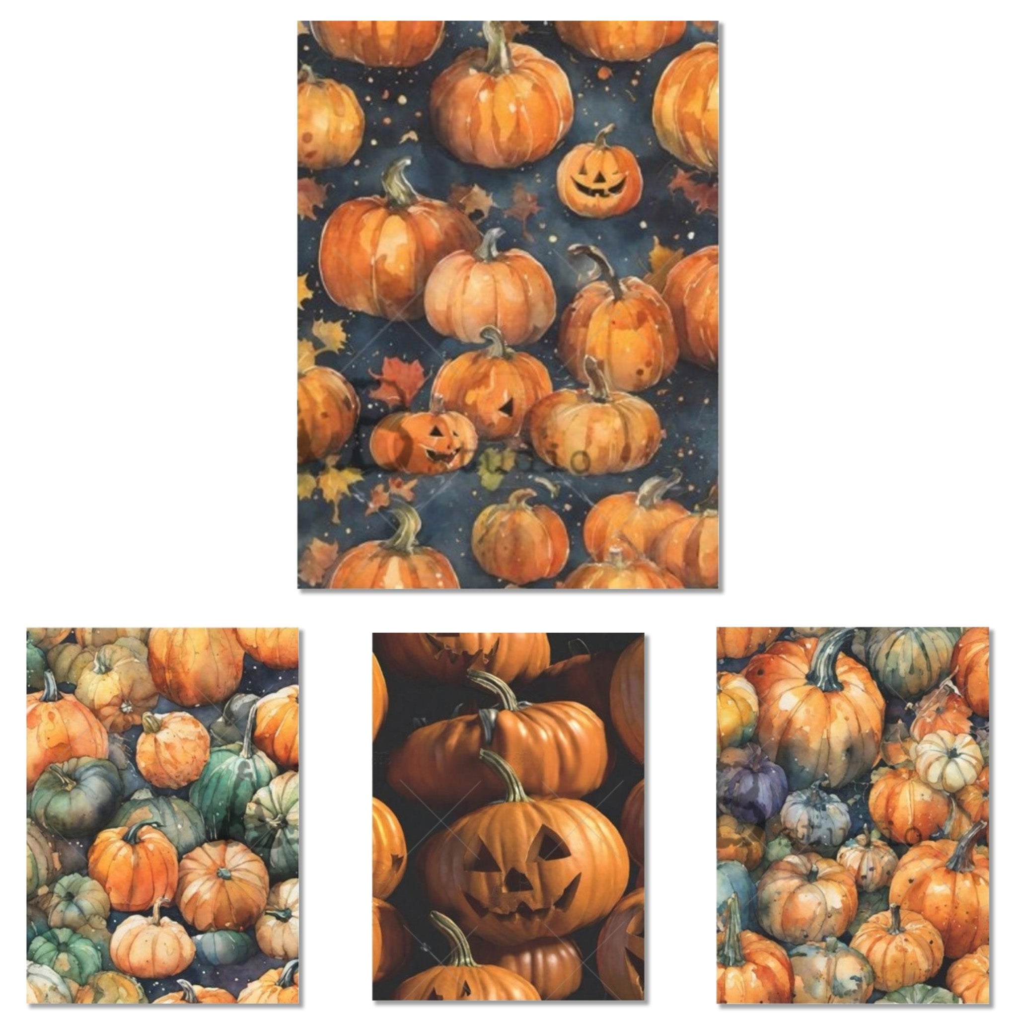 A4 rice papers that features 4 designs overflowing with pumpkins and gourds are against a white background.