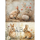 Rice paper featuring 3 images of cute brown bunnies surrounded by flowers and one of them with Easter eggs. White borders are on the sides.