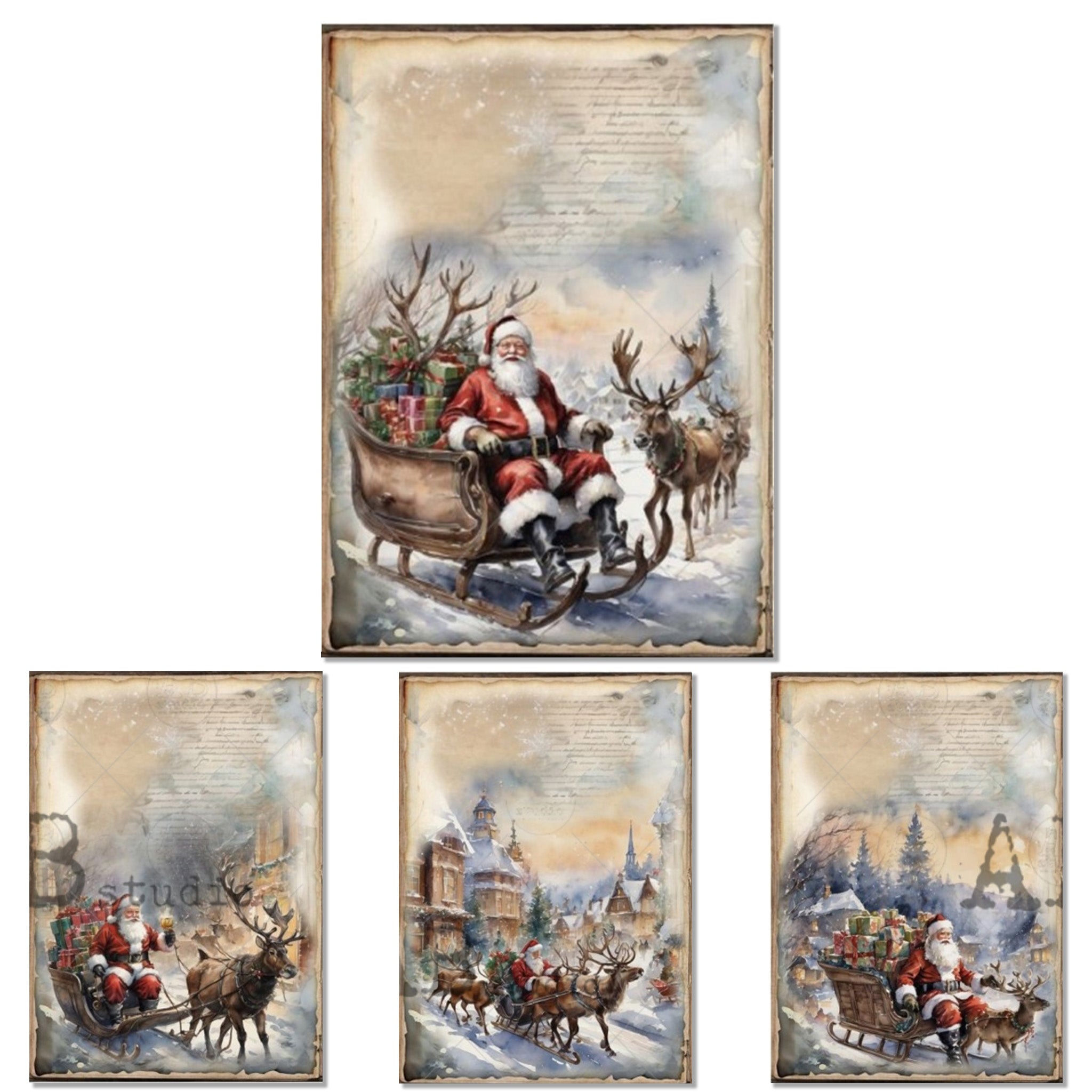 Rice paper design with 4 different snowy village scenes featuring Santa and his trusty reindeer.
