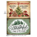 Decorative paper with Christmas-themed design featuring elves, a gingerbread house, and Christmas trees.