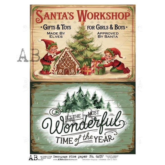 Decorative paper with Christmas-themed design featuring elves, a gingerbread house, and Christmas trees.