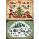 Decorative sign with elves, Christmas tree, and gingerbread house design, featuring text about Santa's Workshop and Christmas season.
