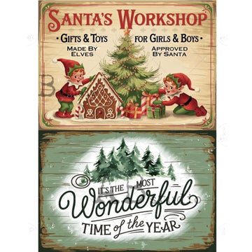 Decorative sign with elves, Christmas tree, and gingerbread house design, featuring text about Santa's Workshop and Christmas season.