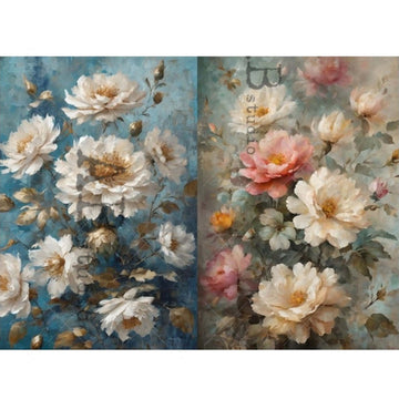 A4 rice paper design featuring two beautiful floral designs, one with a calming blue background and the other with a soft cream background. White borders are on the top and bottom.