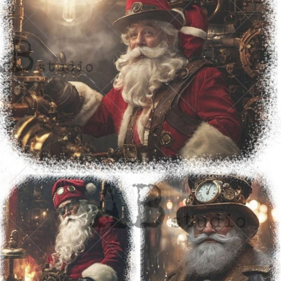 Close-up of a rice paper design featuring 3 scenes of Steampunk Santas are against a white background.
