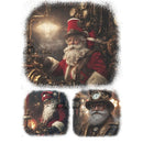 Rice paper design featuring 3 scenes of Steampunk Santas are against a white background.