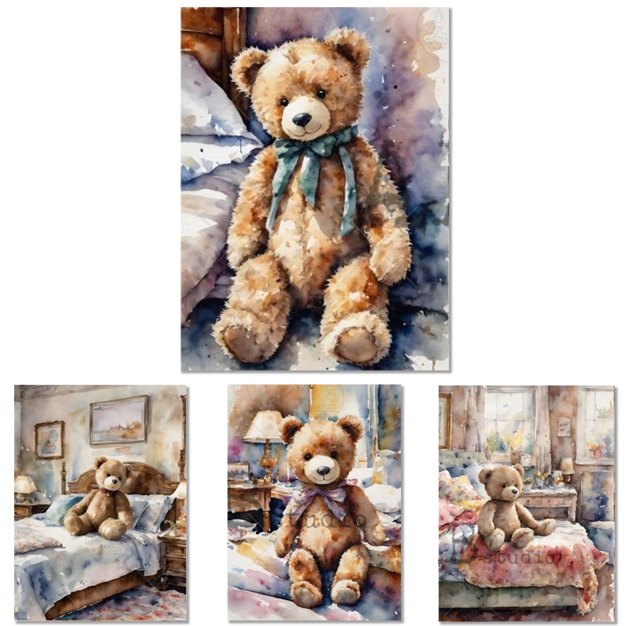 Rice paper designs against a white background that feature 4 charming images of teddy bears on cozy beds