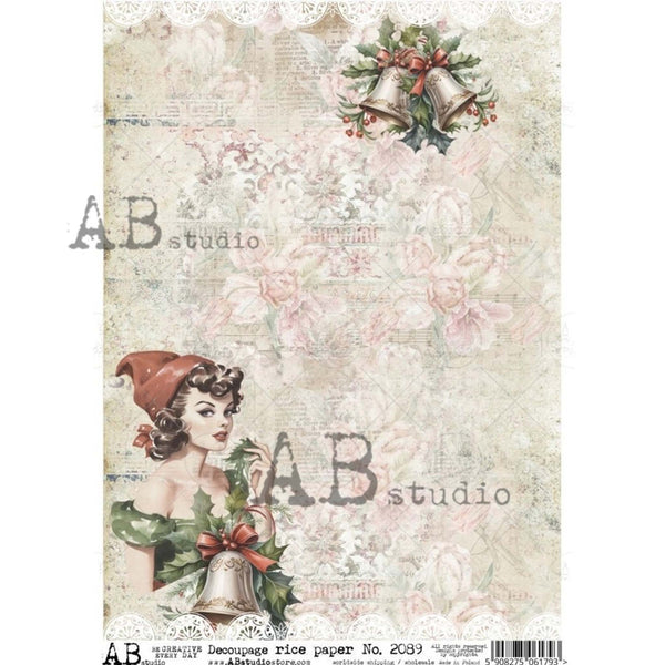 A4 rice paper design featuring a subtle floral background and a female elf with holly and bells.