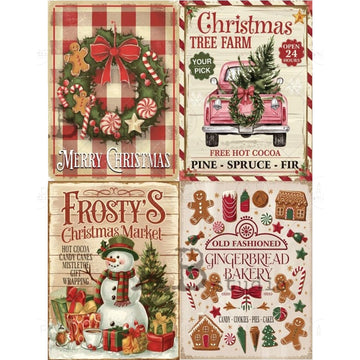 Set of four Christmas-themed posters with festive graphics and text.