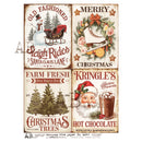 Vintage-style Christmas-themed poster with Santa Claus, trees, and winter elements.