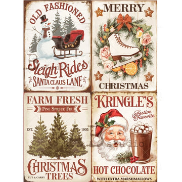 Vintage-style Christmas-themed collage with Santa Claus, trees, and winter elements.