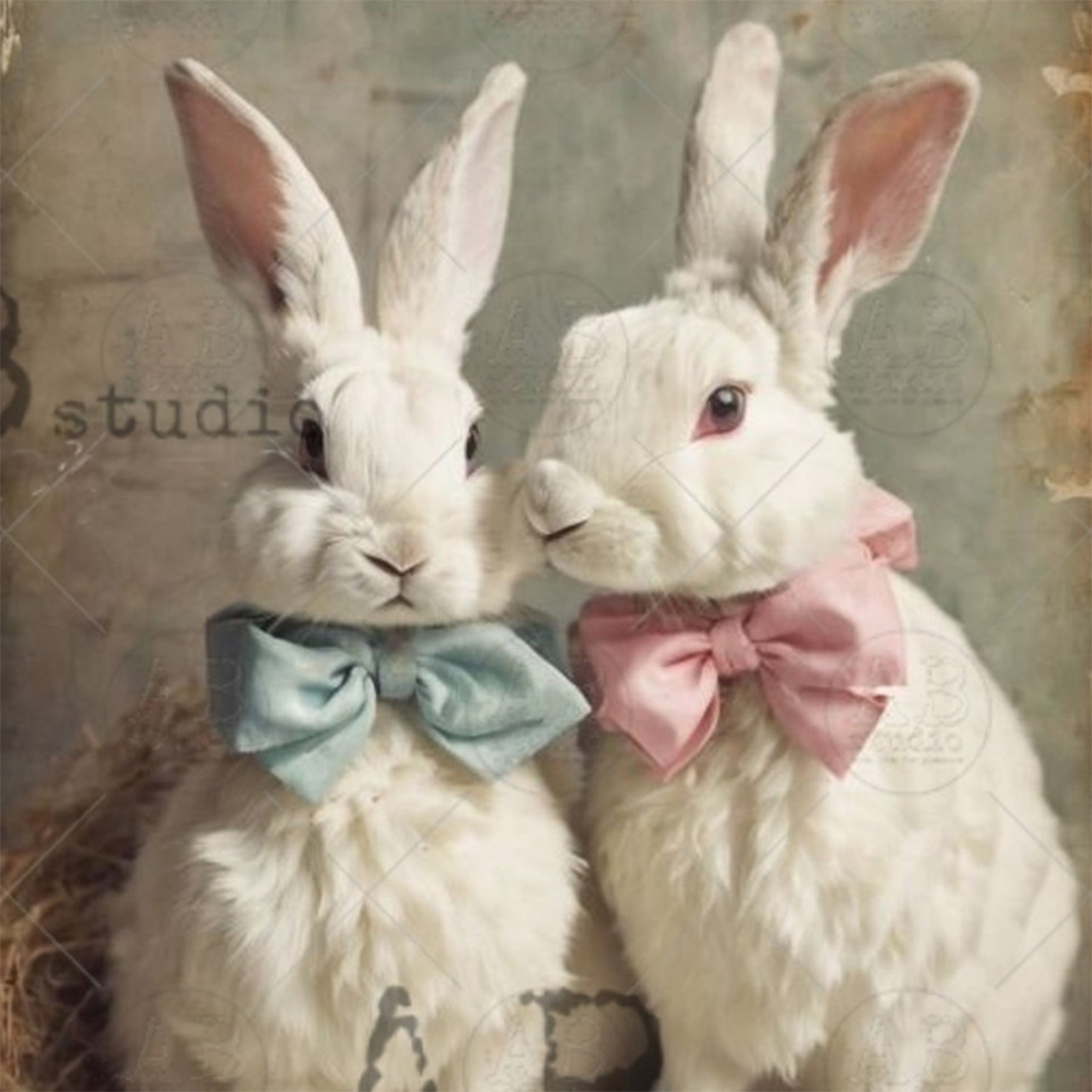 Close-up of an A4 rice paper featuring 2 white bunnies, 1 in a pink bow, and 1 in a blue bow.