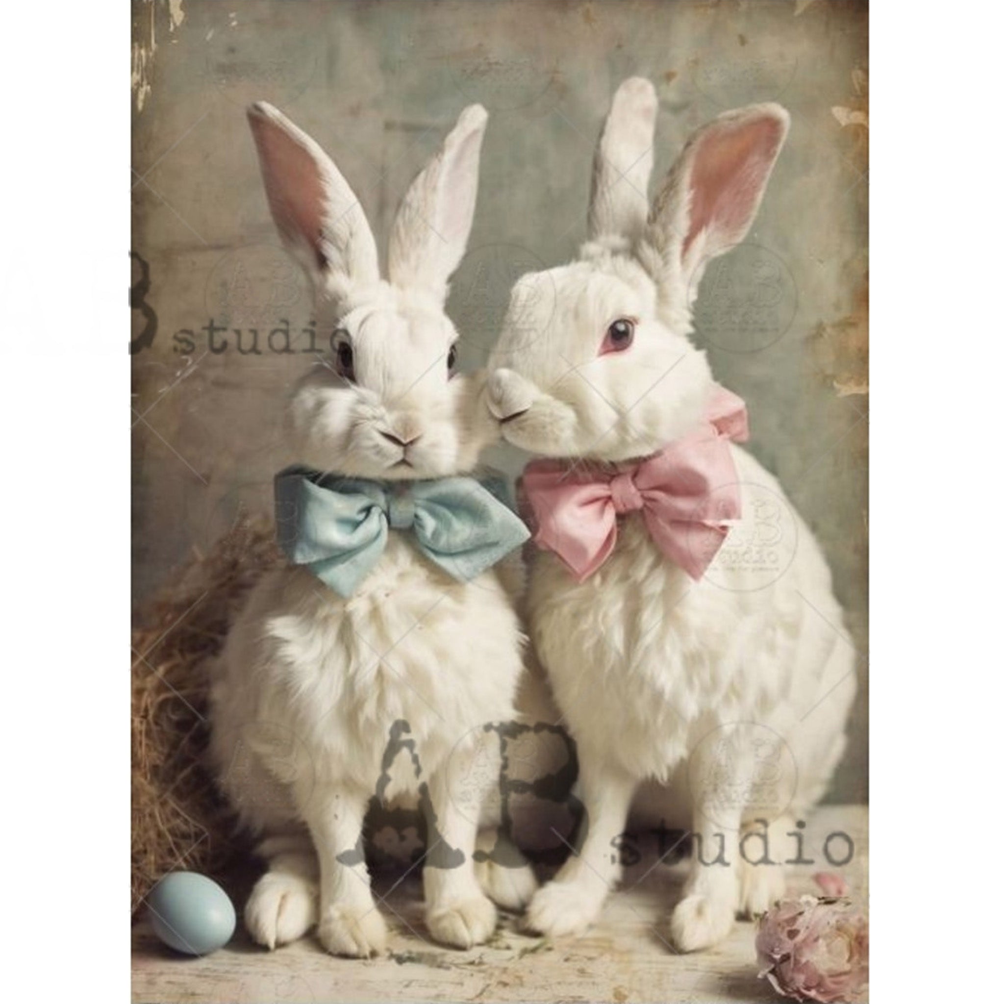 A4 rice paper featuring 2 white bunnies, 1 in a pink bow, and 1 in a blue bow. White borders are on the sides.