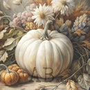 Decorative still life with pumpkins, flowers, and leaves on a textured surface.