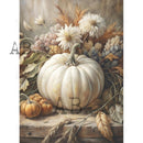 Decorative image of pumpkins and flowers on a wooden surface with a neutral background.