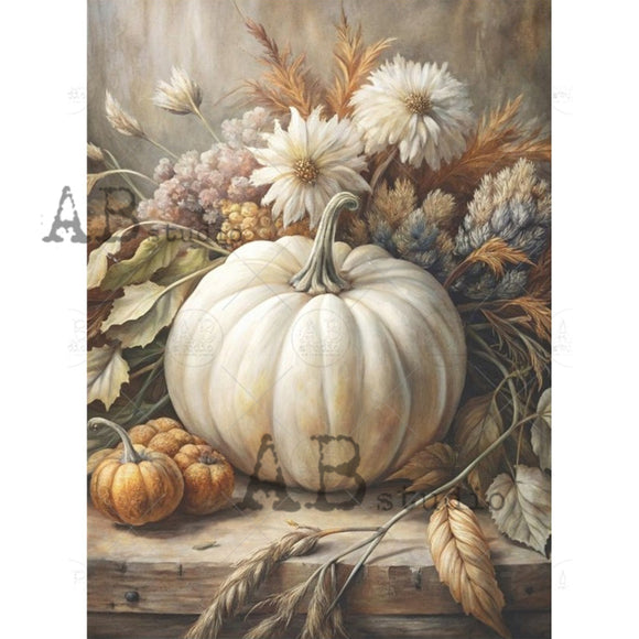 Decorative image of pumpkins and flowers on a wooden surface with a neutral background.