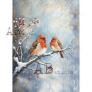 Two birds perched on a snow-covered branch with berries against a snowy background, featuring 'AB Studio' branding.