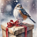 Painting of a bird on a gift box with a red bow against a snowy background