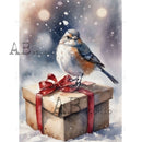Bird perched on a gift box with a red ribbon against a snowy background, featuring 'AB studio' watermark.