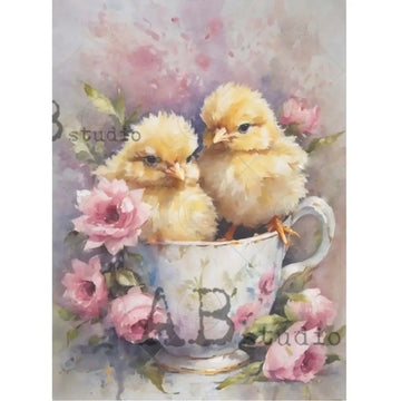A4 rice paper design that features 2 cute yellow chicks nestled in a teacup, surrounded by sweet pink flowers and are against a white background. White borders are on the sides.
