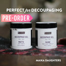 Re-Design with Prima Decoupage Gel in matte and shine finishes, shown on a work surface with Perfect for Decoupaging text.