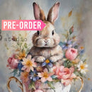 Close-up of an A4 rice paper design featuring a sweet bunny in a teacup surrounded by a bouquet of flowers.