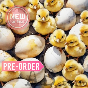 Closeup of AB Studio Easter chicks and eggs A4 rice decoupage paper design with fluffy yellow chicks and cracked eggshells