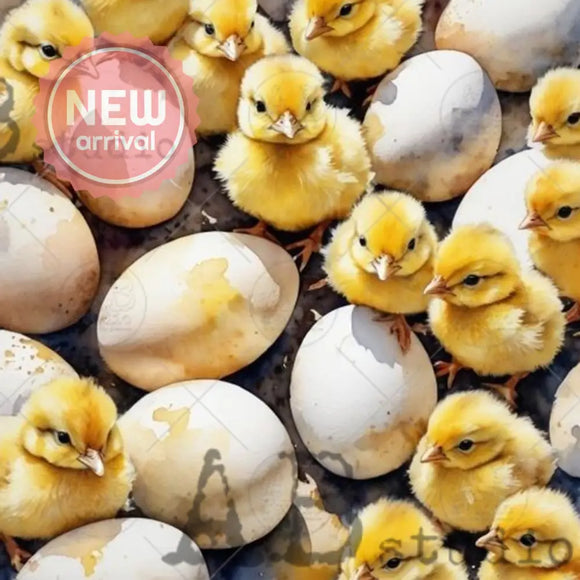 Closeup of AB Studio Easter chicks and eggs A4 rice decoupage paper design with fluffy yellow chicks and cracked eggshells
