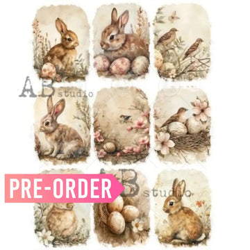 Rice paper featuring 9 cute scenes of brown bunnies, colorful flowers, easter eggs, and sweet birds is against a white background.