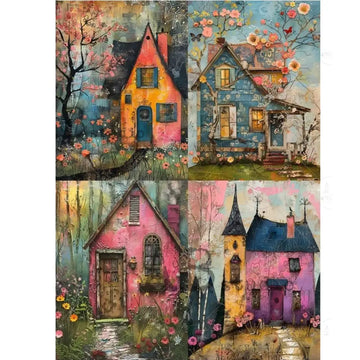Collage of colorful houses with floral elements on a white background
