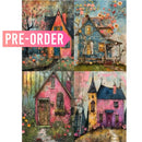 Collage of colorful houses with floral elements on a white background