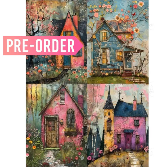 Collage of colorful houses with floral elements on a white background