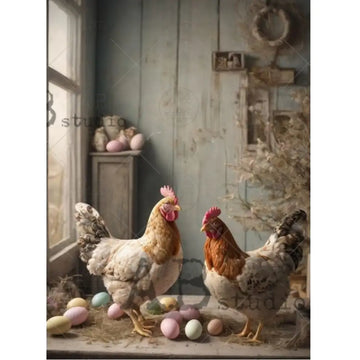 AB Studio Farmhouse Chickens & Eggs A4 rice decoupage paper full sheet with hens, rooster, and pastel eggs for spring farmhouse dŽcor