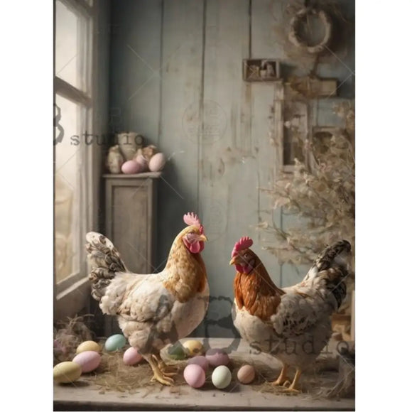 AB Studio Farmhouse Chickens & Eggs A4 rice decoupage paper full sheet with hens, rooster, and pastel eggs for spring farmhouse dŽcor
