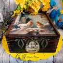 Farmhouse Chickens & Eggs decoupage paper applied to a rustic wooden box with pastel Easter eggs and spring florals