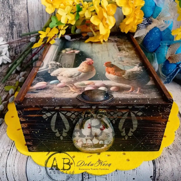 Farmhouse Chickens & Eggs decoupage paper applied to a rustic wooden box with pastel Easter eggs and spring florals