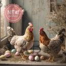 AB Studio Farmhouse Chickens & Eggs A4 rice decoupage paper design with two chickens and pastel Easter eggs in a vintage farmhouse room