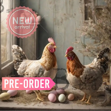 AB Studio Farmhouse Chickens & Eggs A4 rice decoupage paper design with two chickens and pastel Easter eggs in a vintage farmhouse room