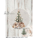 A4 rice paper design that features a shabby chic barn wood background that has a beautiful central Christmas tree design with gifts underneath.